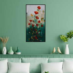Preview of 'Flowers 2 (Scarlet Serenity)' Painting by Mopasang Valath shown on a wall in a furnished room.