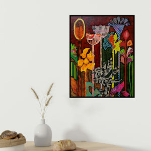 Sheetal Singh's 'Flowers' painting visualized above a sofa in a contemporary room.