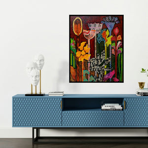 'Flowers' painting by Sheetal Singh shown on a wall in a furnished room.