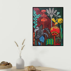 Sheetal Singh's 'Flowers 3' painting visualized above a sofa in a contemporary room.