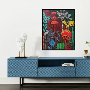 'Flowers 3' painting by Sheetal Singh shown on a wall in a furnished room.