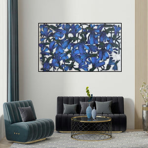 Basuki Dasgupta's 'Flowers Bed (Blue Bloom)' painting visualized above a sofa in a contemporary room.