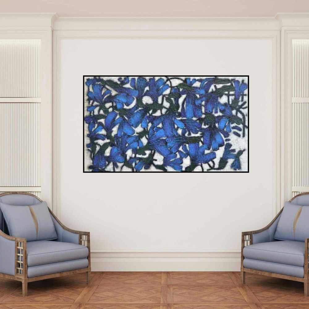 'Flowers Bed (Blue Bloom)' painting by Basuki Dasgupta shown on a wall in a furnished room.
