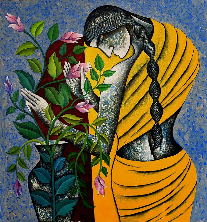 'Flowers In November' figurative acrylic painting by artist Ranjith Raghupathy, 42x46 inch, on canvas