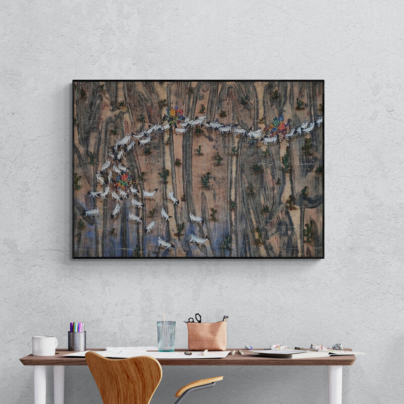 In-situ view of Pratik Raut's 'Flowing World' painting in a room