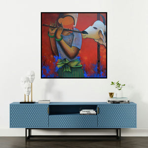 'Flute Of Life' painting by Anupam Pal shown on a wall in a furnished room.