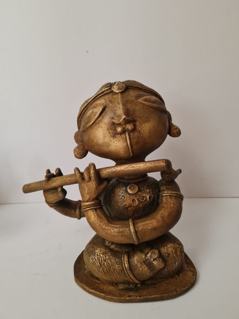 'Flute Player' figurative Bronze sculpture by artist G Subramanian, 9x7 inch, on bronze