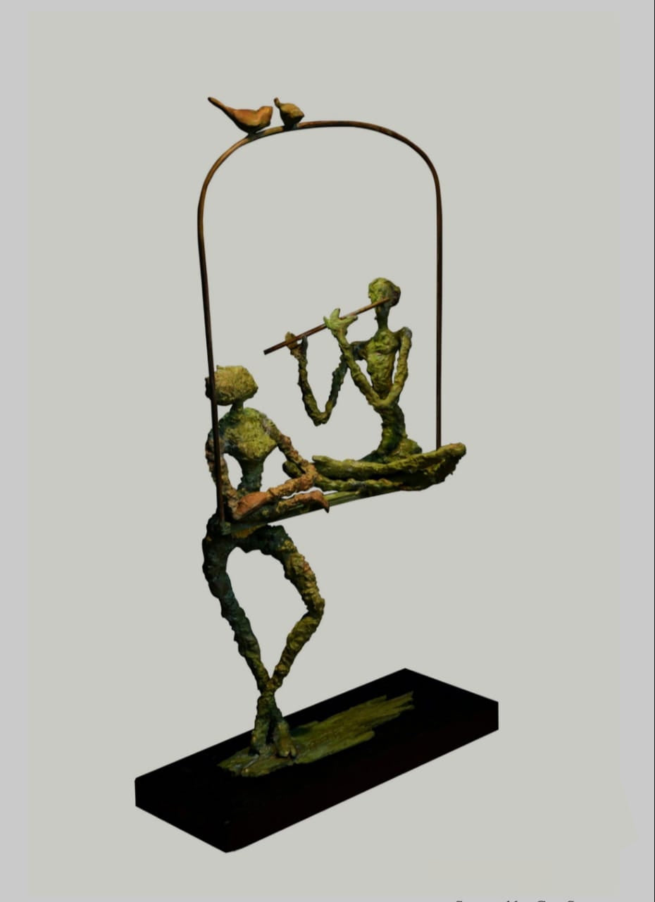 Flute Player 4' figurative Brass sculpture by artist Rohan Pawar, 30x17 inch, on brass