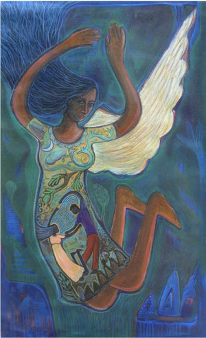 Flying Angel I (Ascendance) by Arpita Chandra, Original Canvas Figurative Painting on Canvas, Large Vertical Wall Art