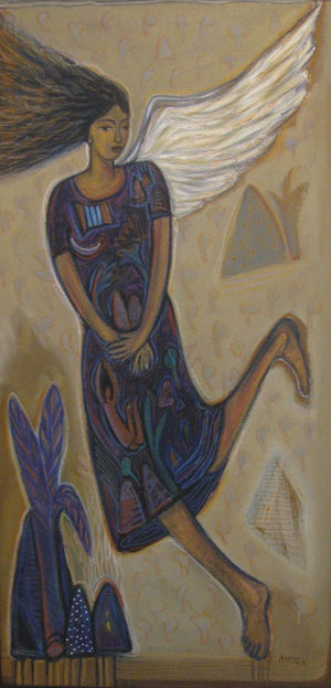 Flying Angel Ii (Ascent of Harmony) by Arpita Chandra, Original Canvas Figurative Painting on Canvas, Medium Vertical Wall Art