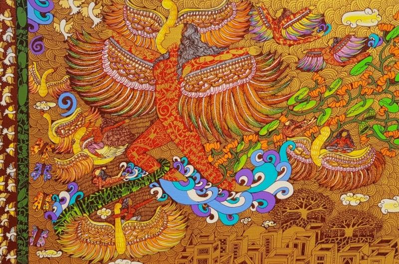 Fantasy mixed media painting titled 'Flying Divine', 36x24 inches, by artist Seema Kohli on Canvas