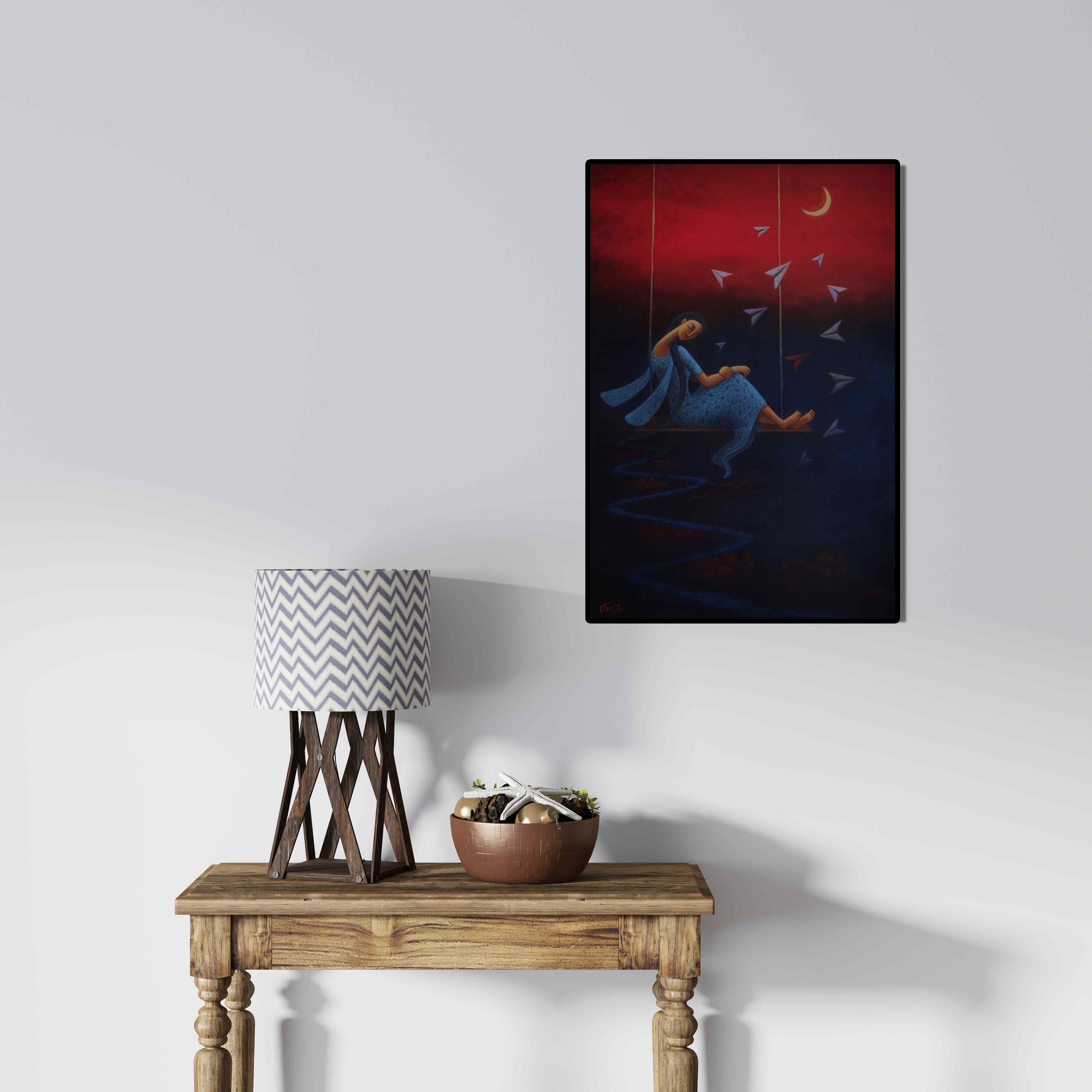 In-situ view of Uttam Bhattacharya's 'Flying Dreams' painting in a room