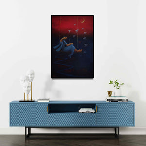 Preview of 'Flying Dreams' Painting by Uttam Bhattacharya shown on a wall in a furnished room.