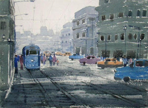 Foggy Morning (Urban Motion) by Jiaur Rahman, Original Watercolor Cityscape Painting on Paper, Small Horizontal Wall Art