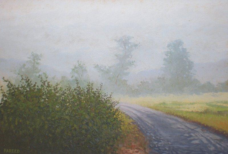 Landscape oil painting titled 'Foggy winter', 22x15 inches, by artist Fareed Ahmed on Canvas Board