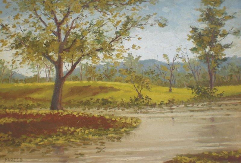 Landscape oil painting titled 'Foliage', 22x15 inches, by artist Fareed Ahmed on Canvas Board