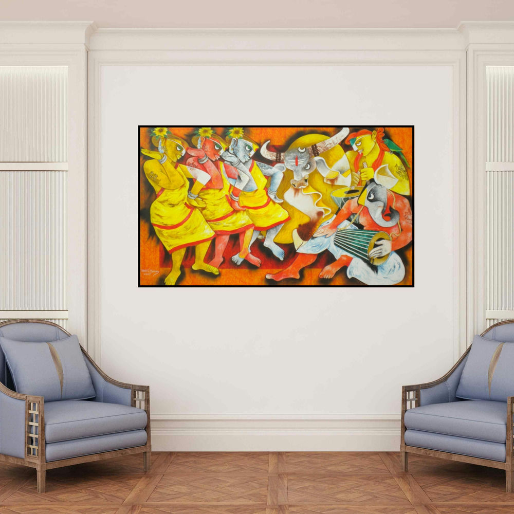 'Folk Dance 10' painting by Uttam Manna shown on a wall in a furnished room.