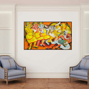 'Folk Dance 10' painting by Uttam Manna shown on a wall in a furnished room.