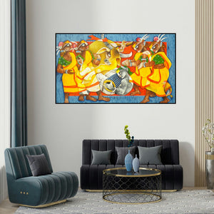 Uttam Manna's 'Folk Dance 12 (Folk Dance 12)' painting visualized above a sofa in a contemporary room.
