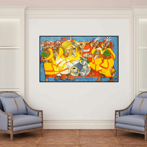 'Folk Dance 12 (Folk Dance 12)' painting by Uttam Manna shown on a wall in a furnished room.