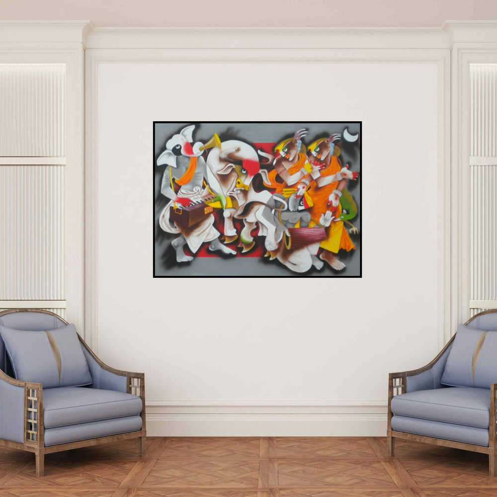 'Folk Dance 6' painting by Uttam Manna shown on a wall in a furnished room.