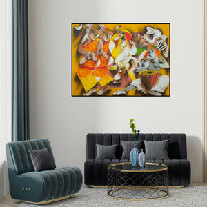 Uttam Manna's 'Folk Dance (The Cosmic Dance)' painting visualized above a sofa in a contemporary room.