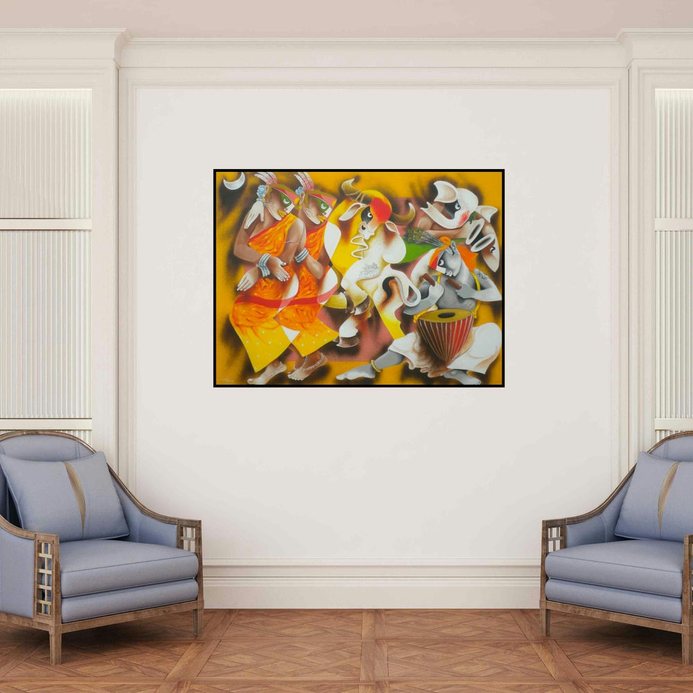 'Folk Dance (The Cosmic Dance)' painting by Uttam Manna shown on a wall in a furnished room.