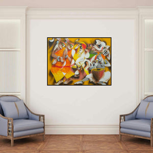 'Folk Dance (The Cosmic Dance)' painting by Uttam Manna shown on a wall in a furnished room.