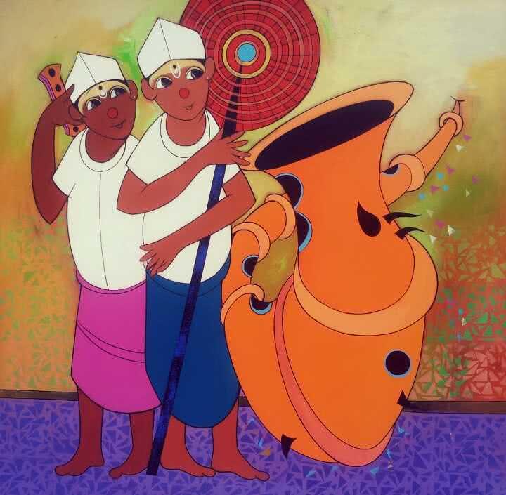 Figurative acrylic painting titled 'Folk Men', 36x36 inches, by artist Dnyaneshwar Bembade on Canvas