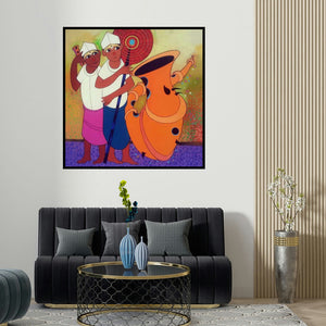 Dnyaneshwar Bembade's 'Folk Men (The Wandering Minstrels)' painting visualized above a sofa in a contemporary room.