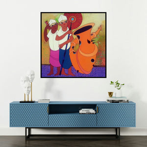 'Folk Men (The Wandering Minstrels)' painting by Dnyaneshwar Bembade shown on a wall in a furnished room.
