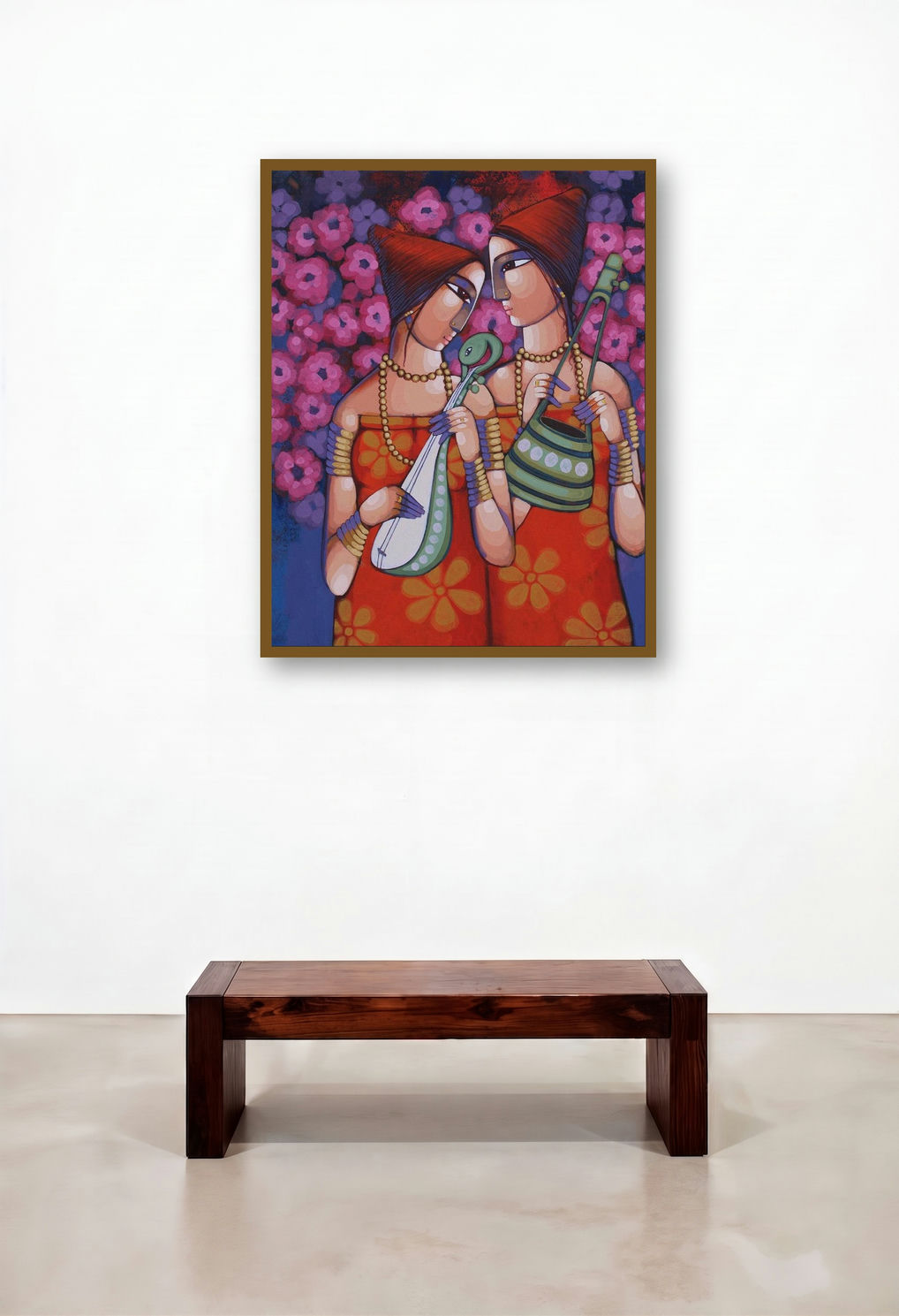Folk Singers (Harmonious Duet) by artist Sekhar Roy displayed in a Contemporary Reception Area