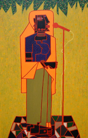 Folk Studio 13 (The M Show) by Anup Shrivastav, Original Acrylic Figurative Painting on Canvas, Large Vertical Wall Art