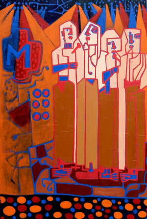 Folk Studio 6 (The M Show) by Anup Shrivastav, Original Acrylic Figurative Painting on Canvas, Medium Vertical Wall Art