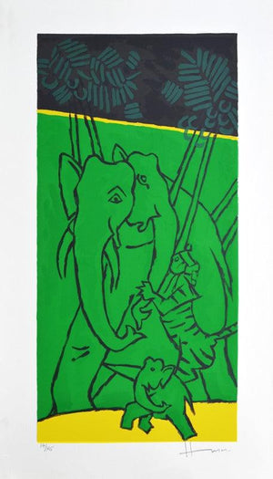 Folklore Kerala 6 (Elephant Family in Green) by M F Husain, Serigraph Serigraphs Animal Painting on Paper, Small Vertical Wall Art