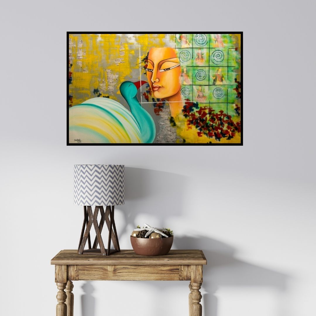 In-situ view of Deepali Mundra's 'Fondness (Woman and Peacock)' painting in a room