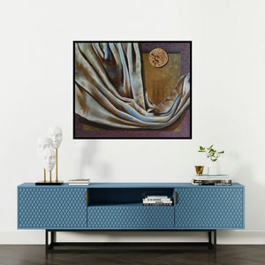 Nitin Marde's 'Food Cloth And Shelter (Food, Cloth, and Shelter)' painting visualized above a sofa in a contemporary room.