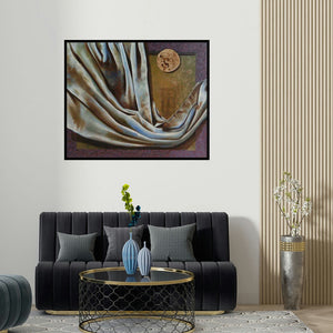 'Food Cloth And Shelter (Food, Cloth, and Shelter)' painting by Nitin Marde shown on a wall in a furnished room.