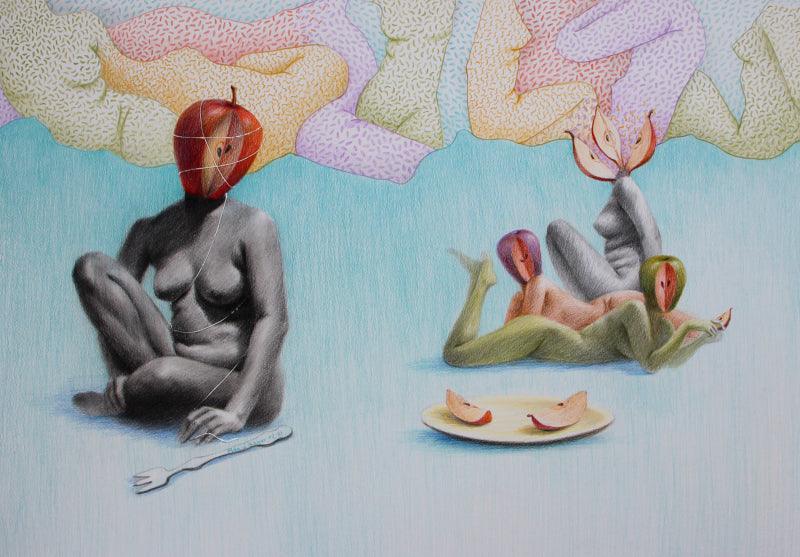Nude color pencil drawing titled 'Forbidden Feast 1', 22x28 inches, by artist Mansi Sagar on Canson Paper