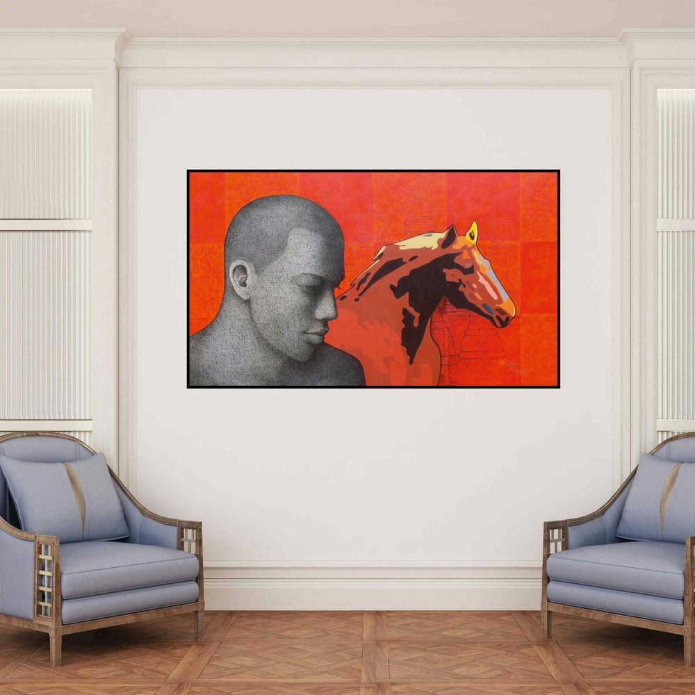'Force 21' painting by Rajan Raghavan shown on a wall in a furnished room.