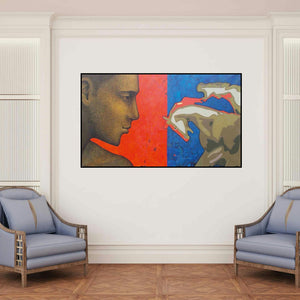 'Force 22 (The Encounter)' painting by Rajan Raghavan shown on a wall in a furnished room.
