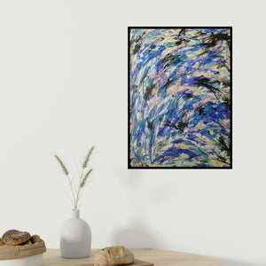 Devirani Dasgupta's 'Force Of Life (Azure Vortex)' painting visualized above a sofa in a contemporary room.