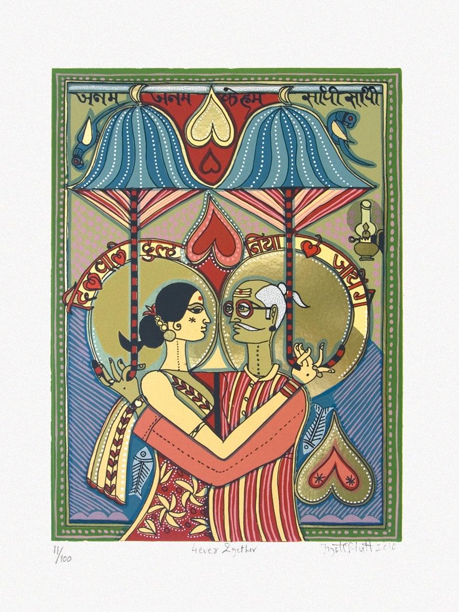 Figurative serigraphs painting titled 'Forever Together', 20x15 inches, by artist Jyoti Bhatt on Paper