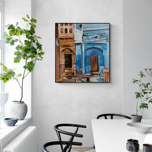 In-situ view of Shagufta Mehdi's 'Forgotten Alleys' painting in a room