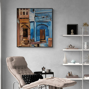 Preview of 'Forgotten Alleys' Painting by Shagufta Mehdi shown on a wall in a furnished room.
