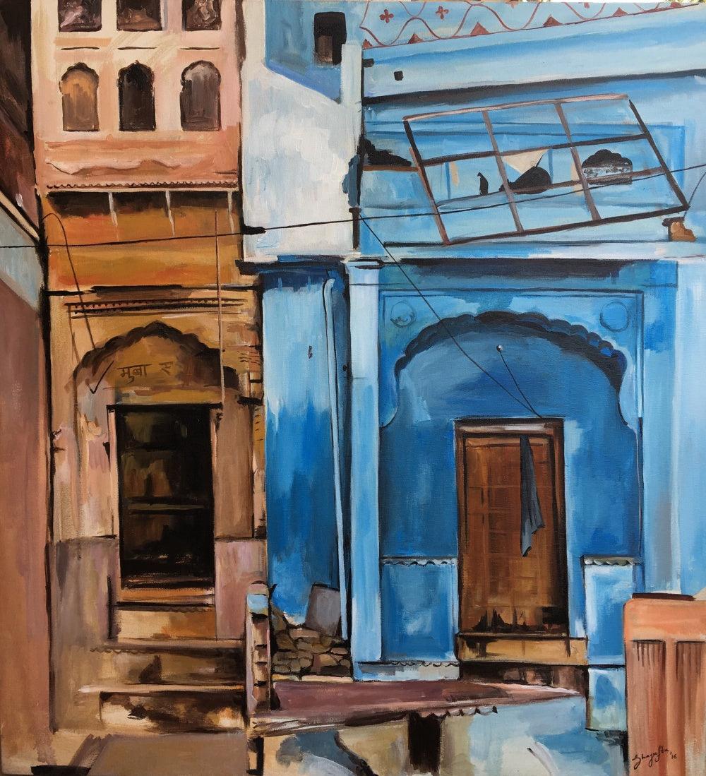 Cityscape acrylic painting titled 'Forgotten Alleys', 36x33 inches, by artist Shagufta Mehdi on canvas