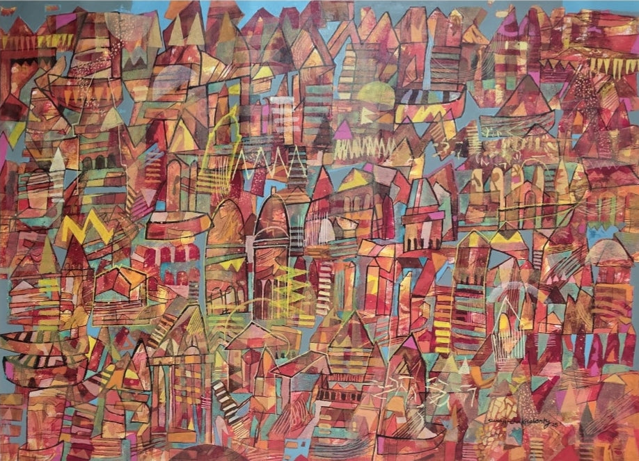 'Form Of Worship That Descend On Earth' abstract acrylic painting by artist Srj Surajit Chakraborty, 33x46 inch, on canvas