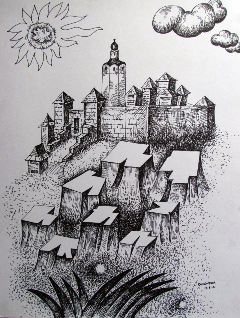 Cityscape ink drawing titled 'Fort', 12x11 inches, by artist Rajendra V on Ivory Paper