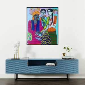 Dhan Prasad's 'Fortune Teller 1' painting visualized above a sofa in a contemporary room.