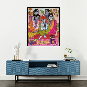 Dhan Prasad's 'Fortune Teller 2 (Fortune Teller)' painting visualized above a sofa in a contemporary room.